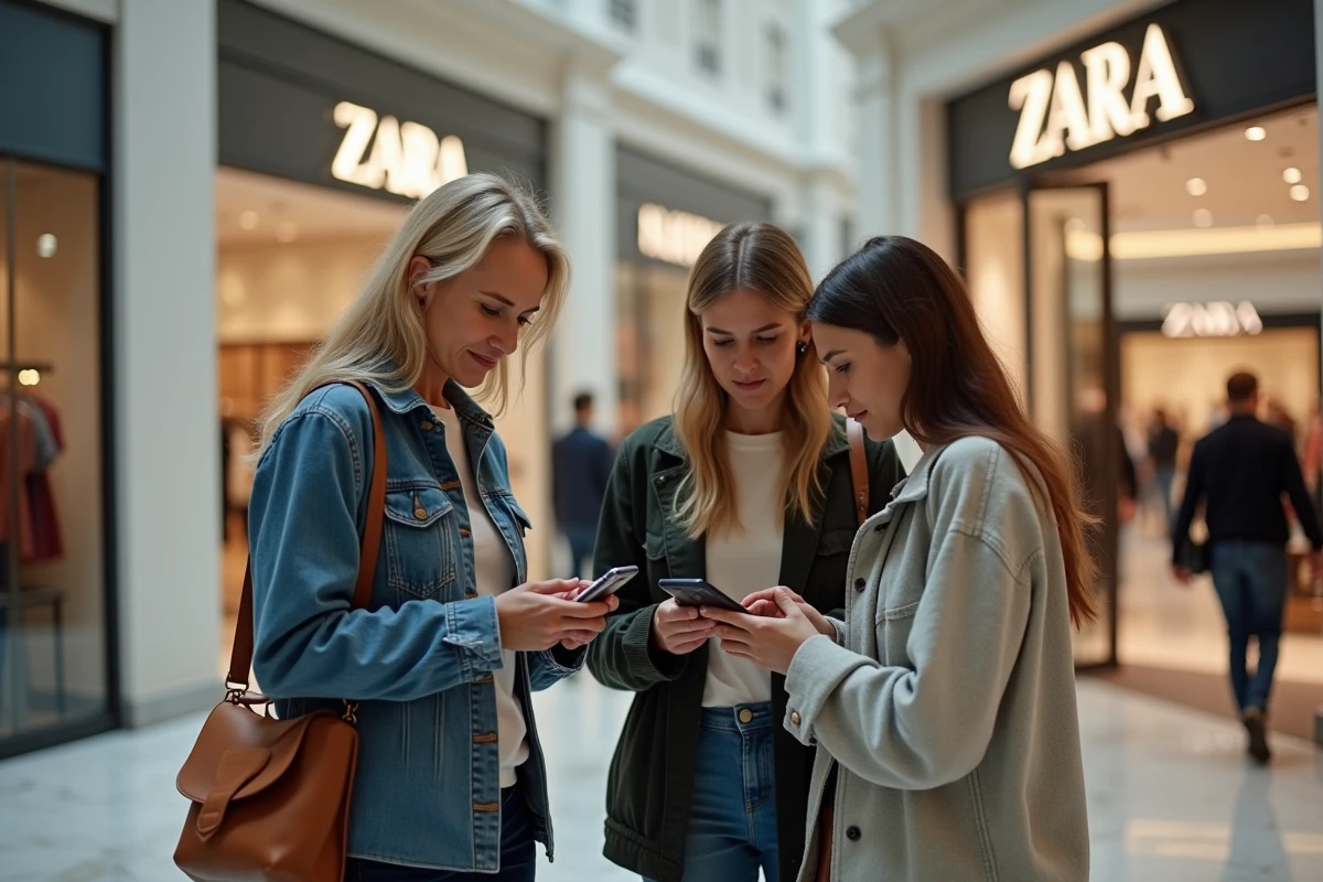 Clients fidèles de Zara consultant leur téléphone devant l'entrée fermée du magasin dans un centre commercial