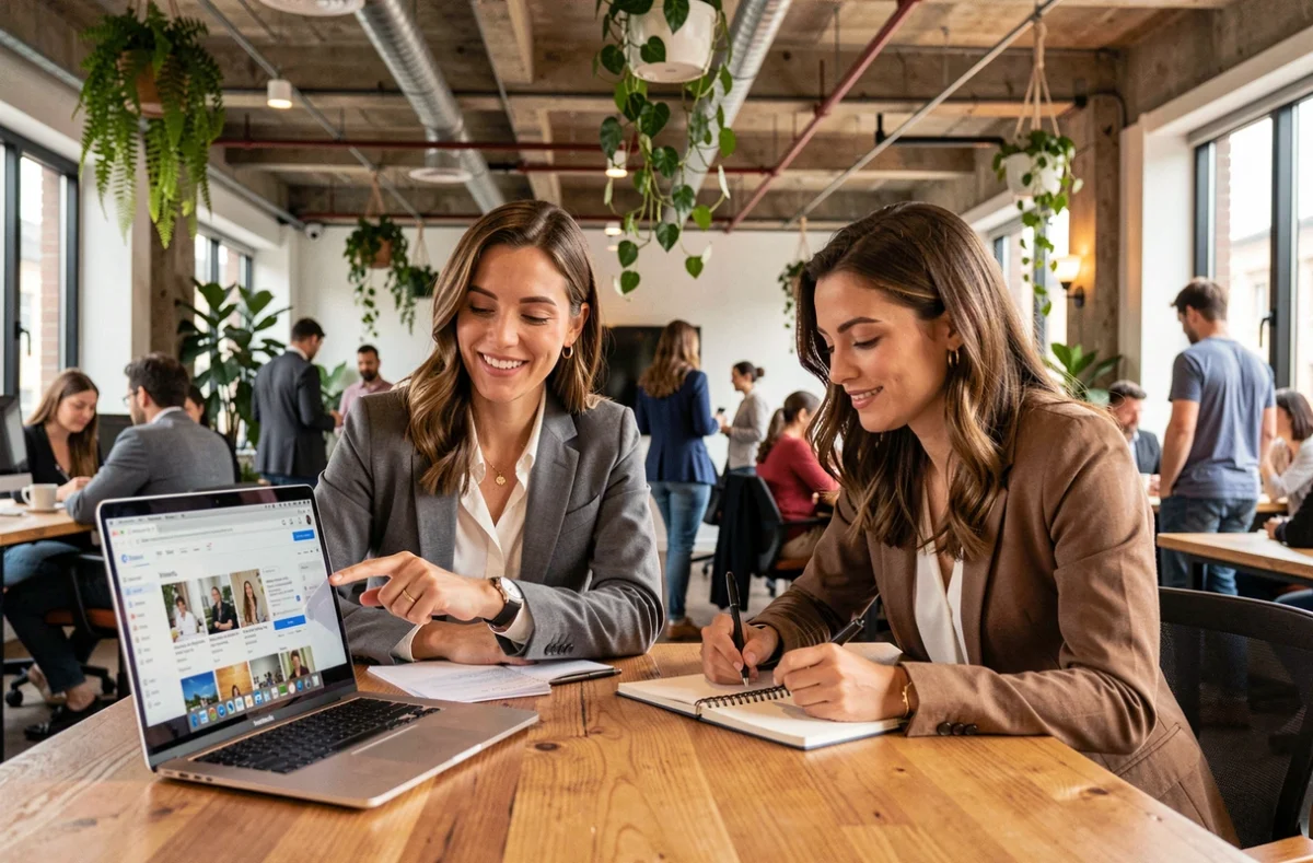 Deux blogueuses collaborant sur des stratégies de monétisation autour d'un ordinateur portable dans un espace de coworking tendance