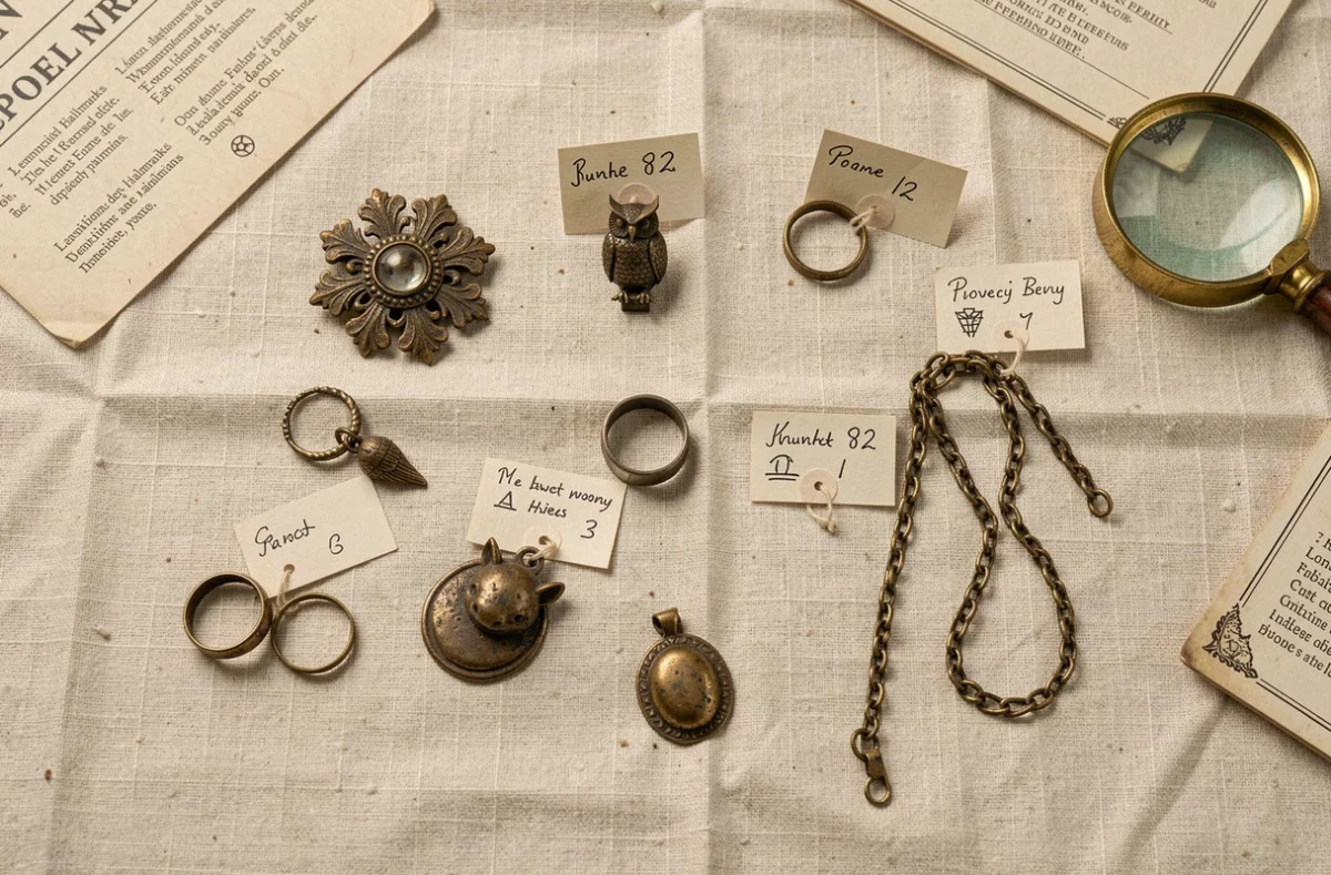 Vue aérienne d'une collection de bijoux anciens avec leurs fiches de poinçons identifiés sur un tissu de lin crème