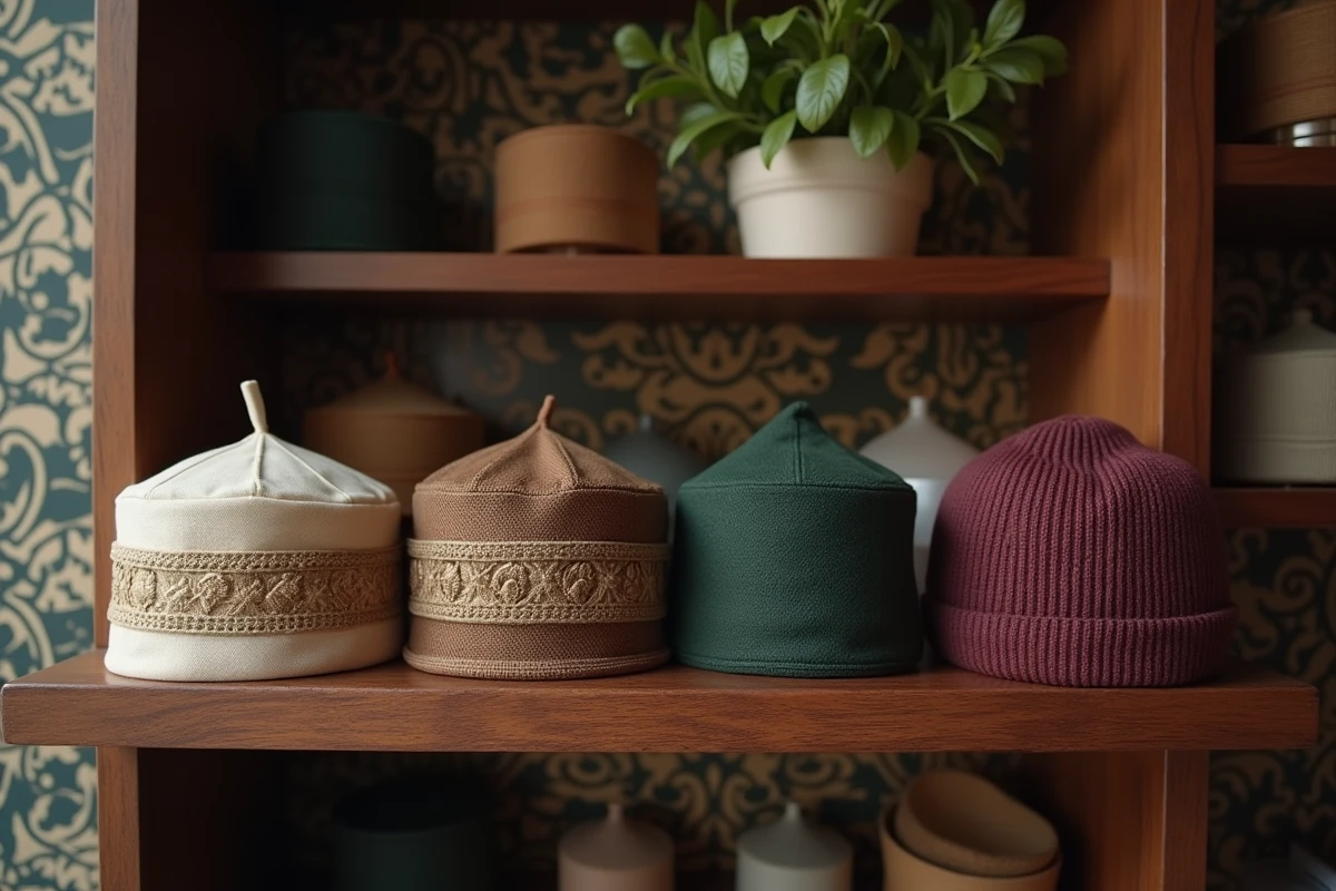 Collection de chapeaux musulmans traditionnels exposés dans une boutique islamique, kufis brodés, taqiyah et fez en différentes couleurs
