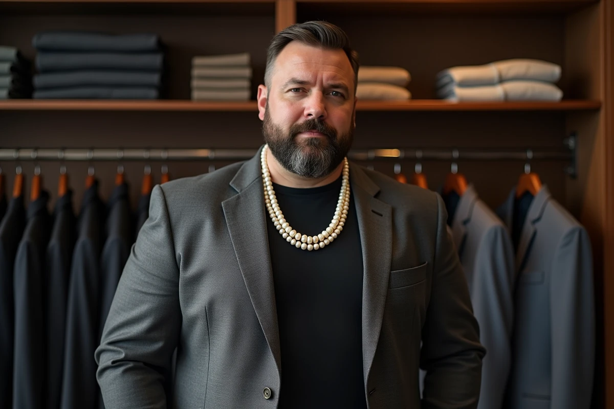 Homme barbu costaud portant un collier de perles baroques multi-rangs avec un blazer anthracite dans une boutique de mode masculine