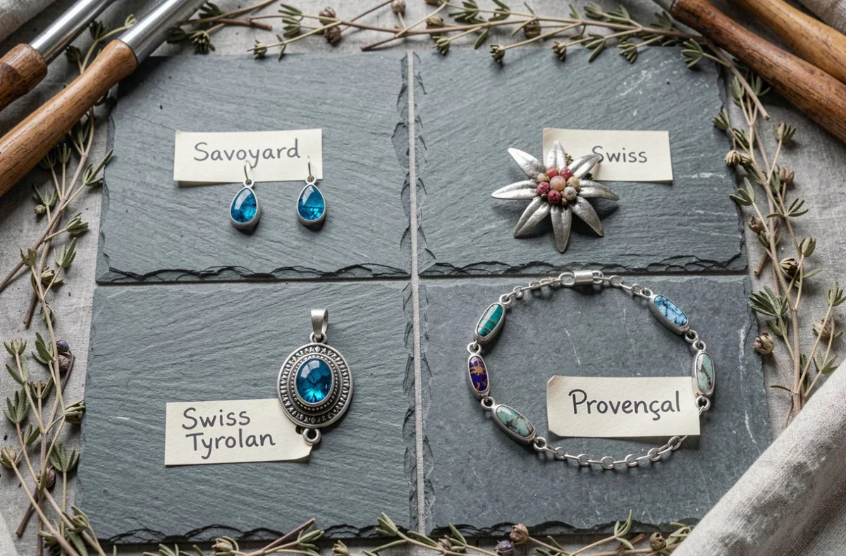 Comparaison de bijoux alpins régionaux incluant boucles d'oreilles savoyardes, broche edelweiss et pendentif tyrolien
