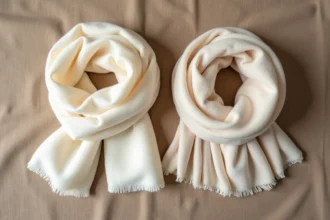 Comparaison texture cachemire pur et pashmina mélangé en gros plan sur fond bois naturel