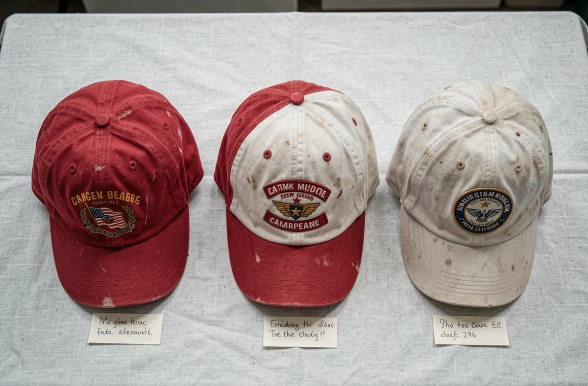 Comparatif de trois casquettes Trump vintage différentes posées à plat sur lin avec étiquettes de collection