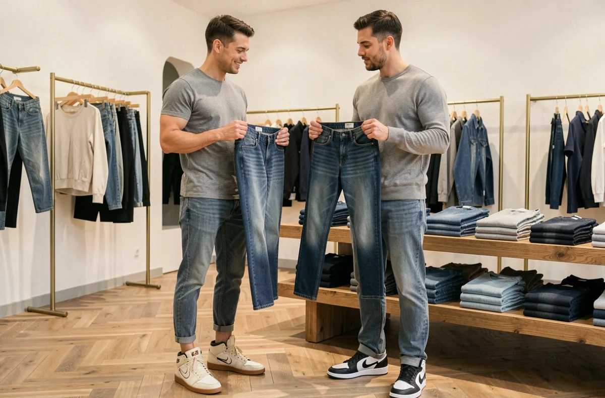 Deux hommes aux morphologies différentes comparant des coupes de jean avec des baskets assorties dans une boutique de mode contemporaine