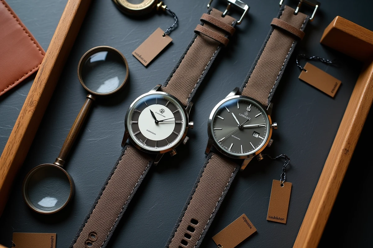 Comparaison de deux montres de luxe style Rolex en vue à plat sur ardoise avec loupe d'horloger
