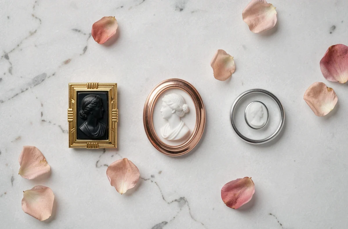 Trois bagues en camée aux styles différents : art déco, victorien et moderne, disposées en flat lay sur marbre blanc