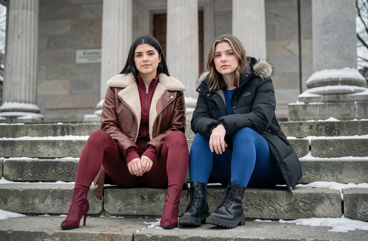 Deux cosplayeuses en tenues Totally Spies Clover et Alex version hiver assises sur des marches de musée sous la neige