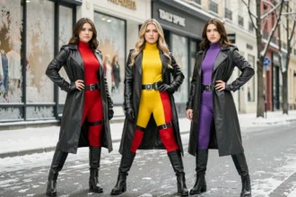 Trois cosplayeuses en tenues Totally Spies version hiver dans une rue enneigée, portant des combinaisons colorées sous des trench-coats en simili-cuir