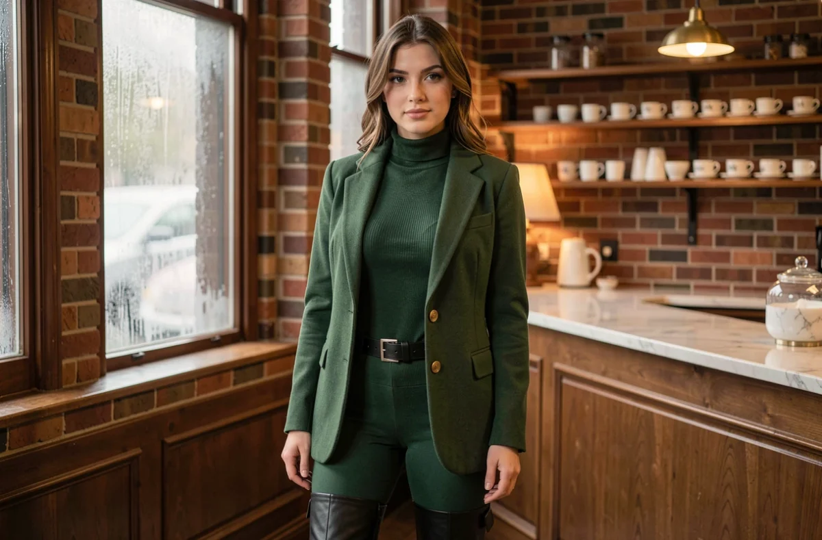 Cosplayeuse en tenue Totally Spies Sam version hiver, combinaison verte et blazer structuré, dans un café vintage chaleureux