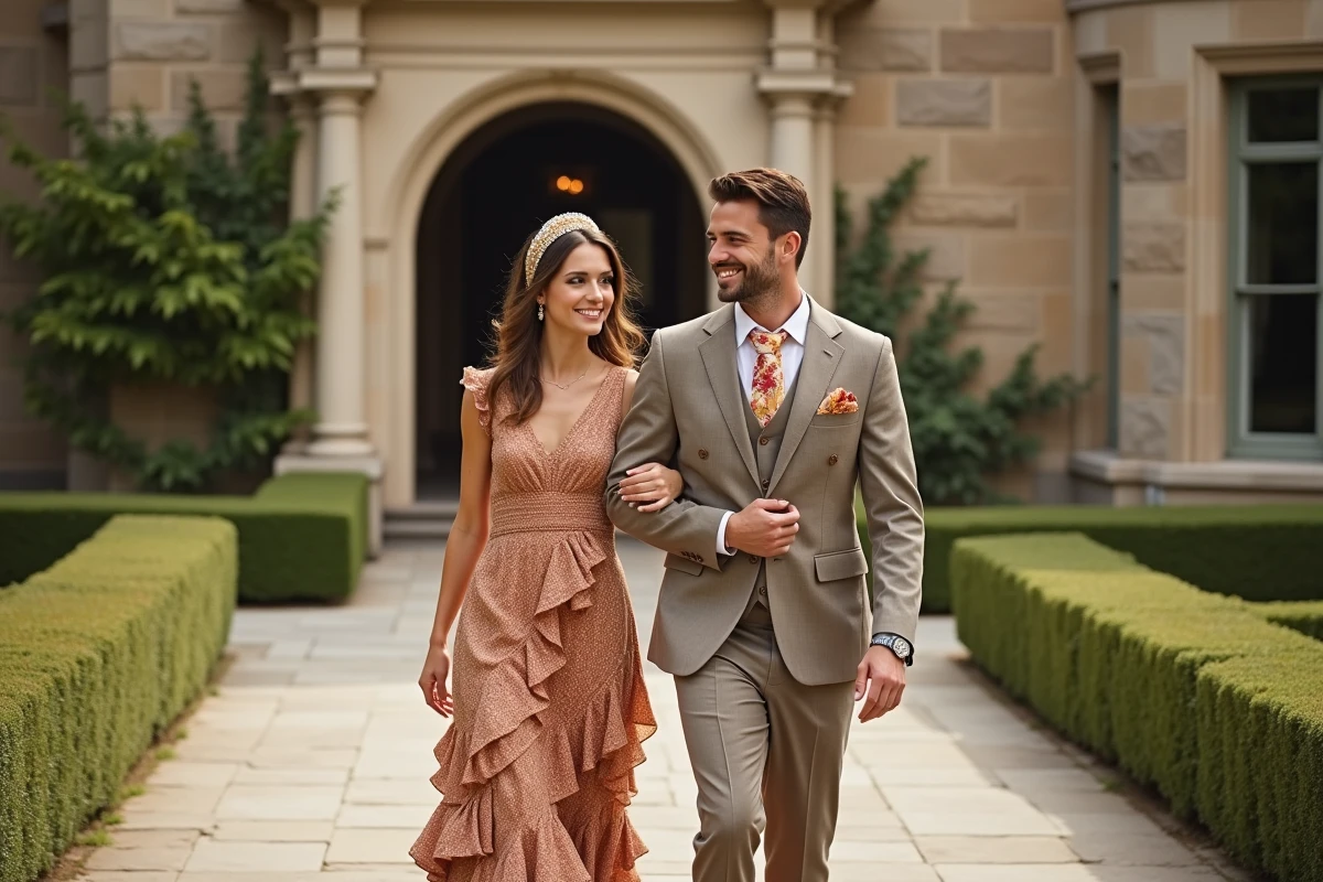 Jeune couple élégamment habillé marchant dans un jardin de mariage