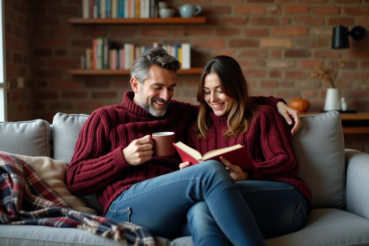 Couple détendu en pulls assortis bordeaux assis sur un canapé dans un salon cosy avec mur en briques apparentes