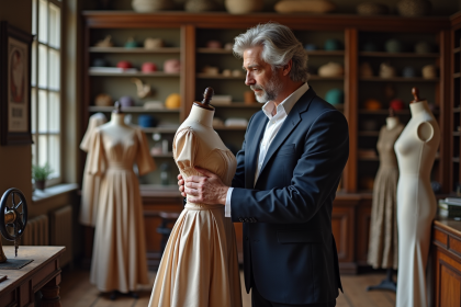 Couturier homme en atelier parisien avec mannequin et tissus