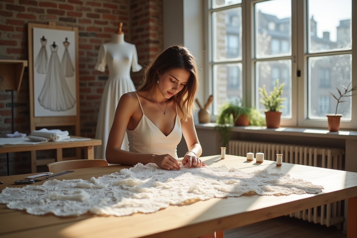 Jeune couturiere cousant une robe en dentelle dans son studio