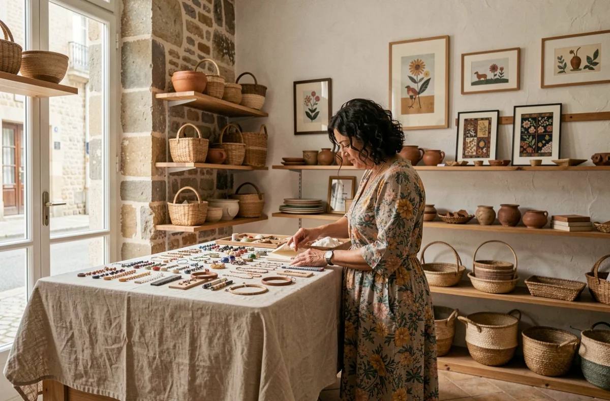 Boutique Les Créateurs d'Anjou à Angers avec une cliente admirant des bijoux artisanaux locaux