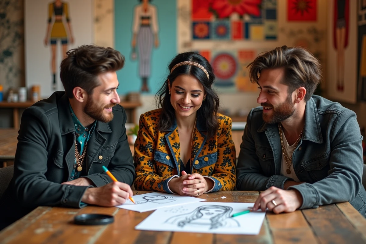 Groupe de créatifs en mode dans un atelier chic et coloré