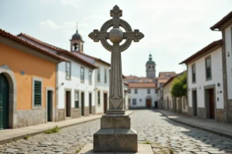 Croix manuéline en pierre dans un village portugais avec façades en azulejos et pavés traditionnels