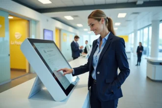 Employée La Poste en uniforme utilisant une borne numérique pour gérer les nouveautés vestimentaires de Monespace habillement 2026