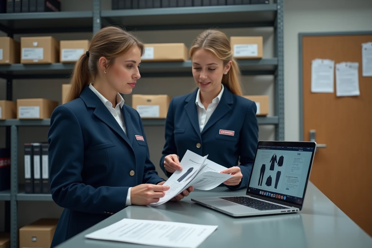 Deux employées La Poste consultant le catalogue Monespace habillement 2026 dans l'espace back-office d'un bureau de poste