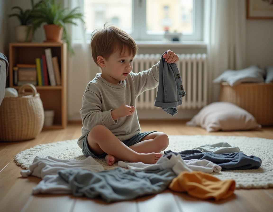 Jeune enfant assis sur le sol entouré de vêtements de différentes tailles, tenant un habit taille 116 pour vérifier s'il correspond à sa morphologie