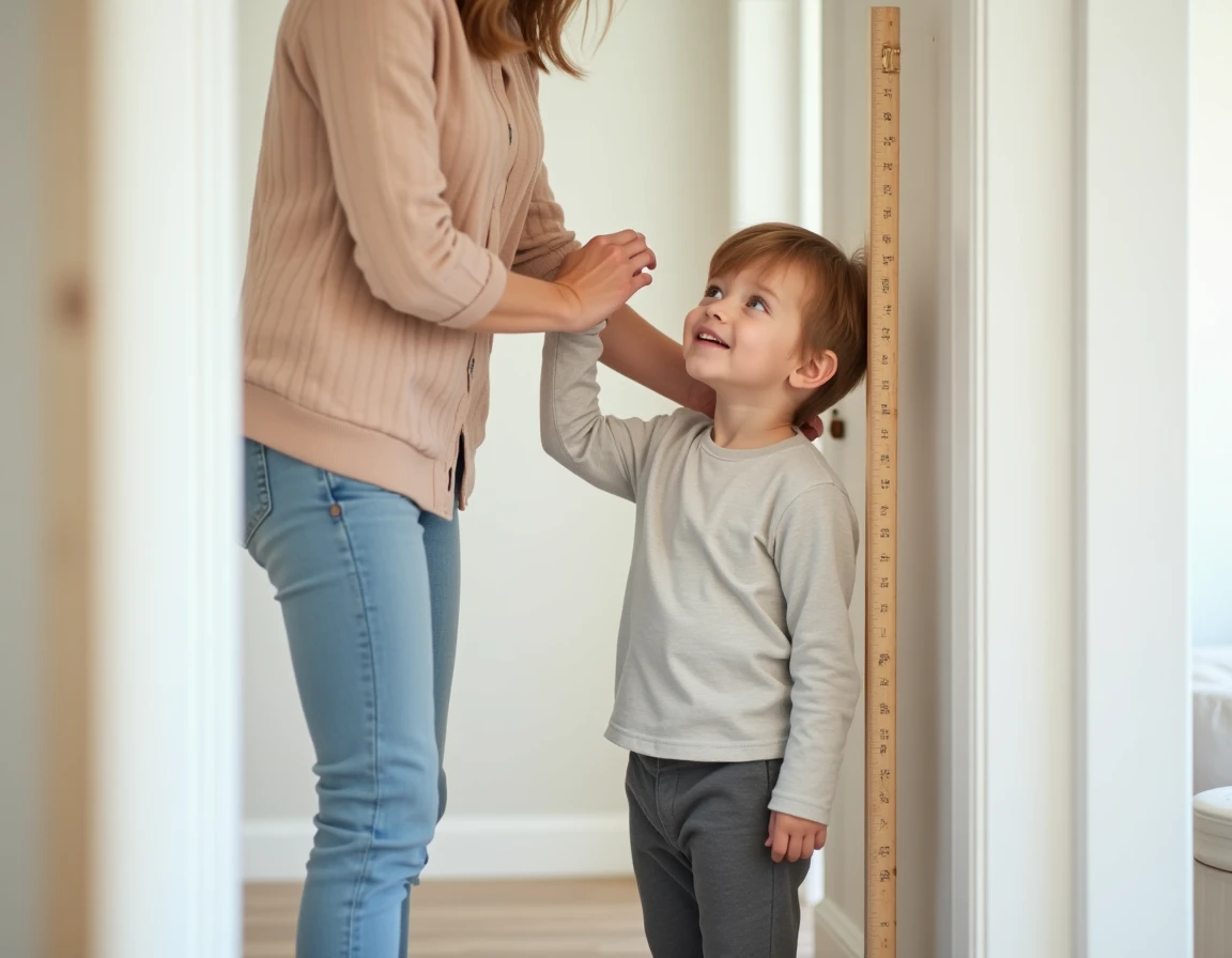 Enfant de 5 à 6 ans mesuré par un parent dans un couloir, vêtements légèrement courts suggérant une croissance rapide vers la taille 116