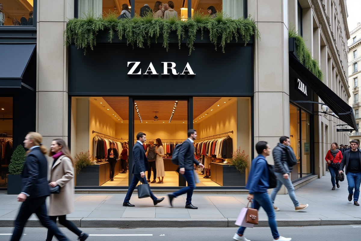Vitrine Zara dans une rue animée de la ville en journée