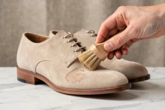Entretien de chaussures en daim beige clair avec une brosse douce en poils naturels sur marbre blanc