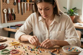 Femme débutante tenant un bracelet maison cassé au-dessus d'une table de créations artisanales avec perles éparpillées