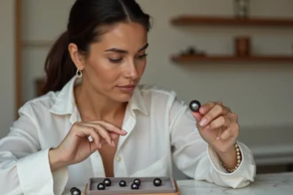 Femme examinant une perle de Tahiti noire irisée dans une bijouterie minimaliste