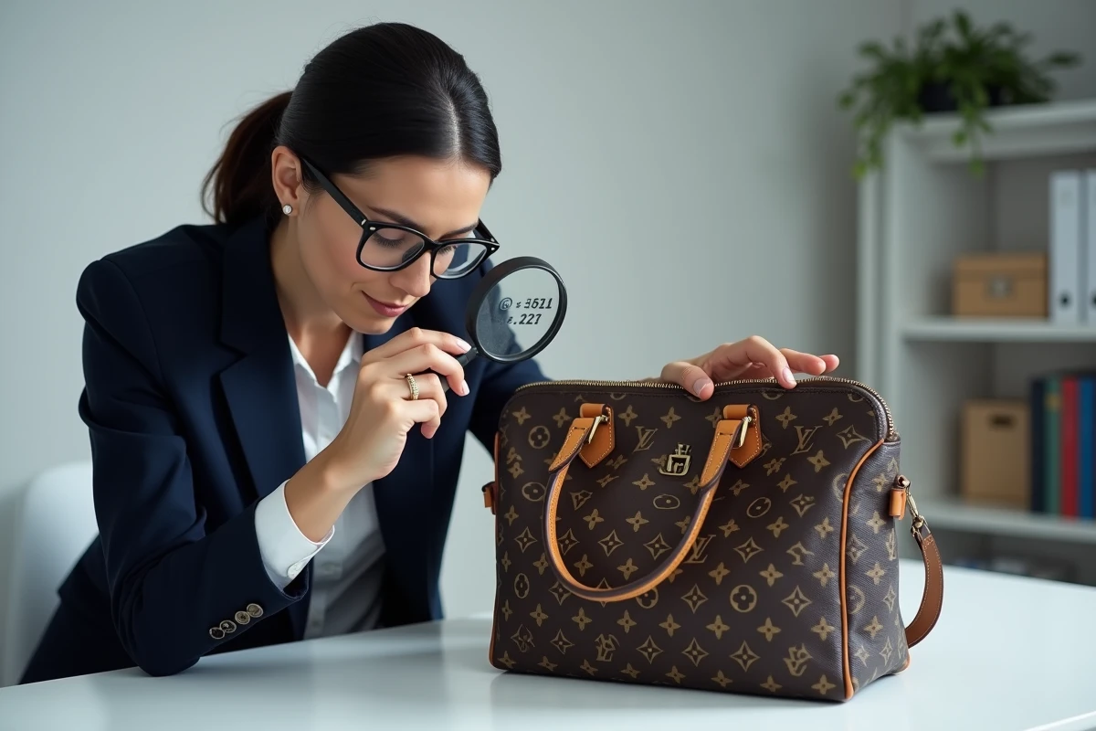 Experte en authentification examinant le code de date à l'intérieur d'un sac de luxe avec une loupe professionnelle dans un studio spécialisé