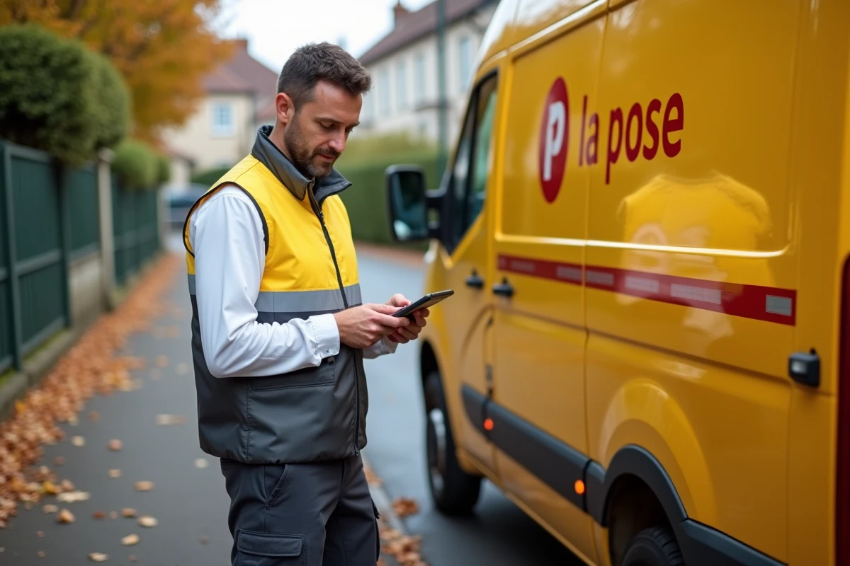 Facteur La Poste en uniforme 2026 consultant sa tablette près d'un véhicule de livraison en zone résidentielle