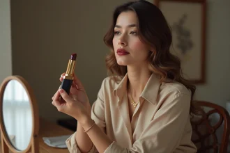 Femme élégante appliquant du rouge à lèvres foncé