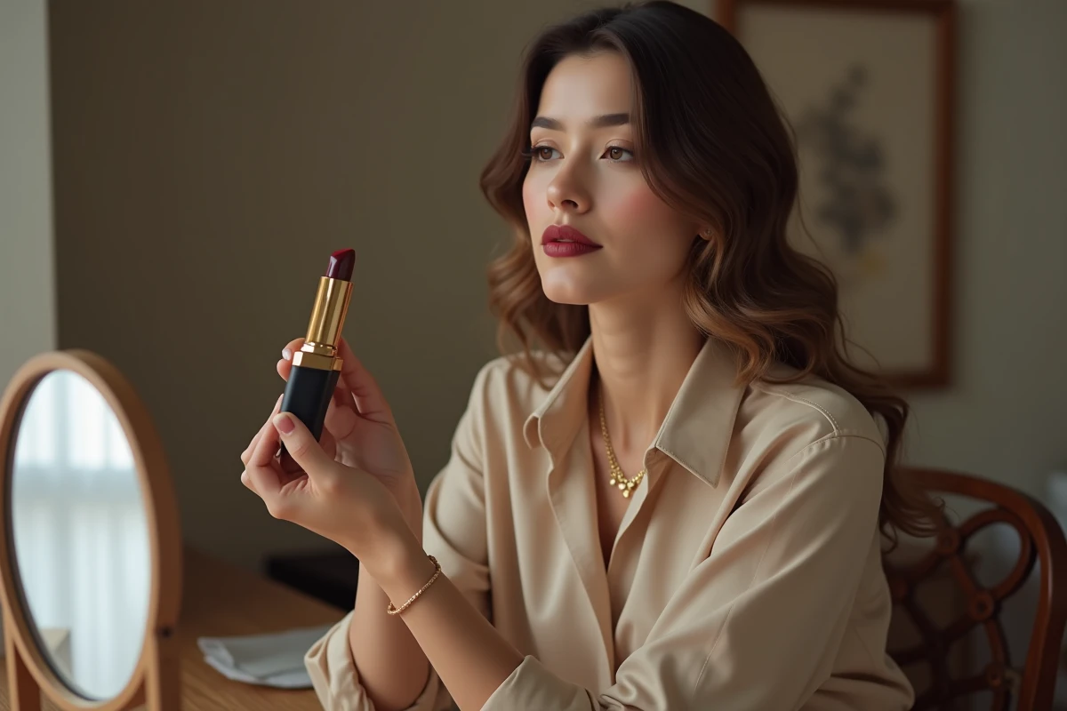 Femme élégante appliquant du rouge à lèvres foncé