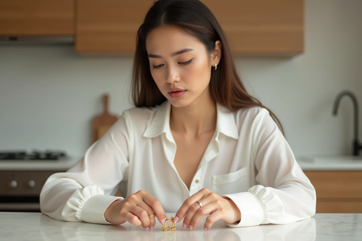 Jeune femme contemplant des bagues en or dans une cuisine lumineuse