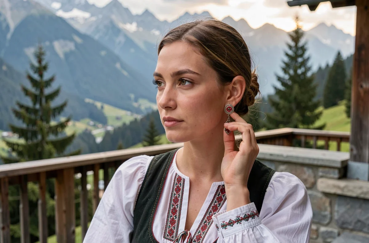 Femme portant des boucles d'oreilles savoyardes traditionnelles sur une terrasse alpine avec vue sur les montagnes