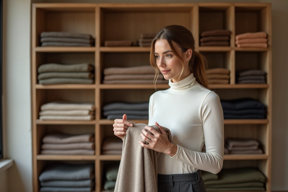 Femme en boutique textile évaluant la qualité d'un châle en cachemire entre ses doigts