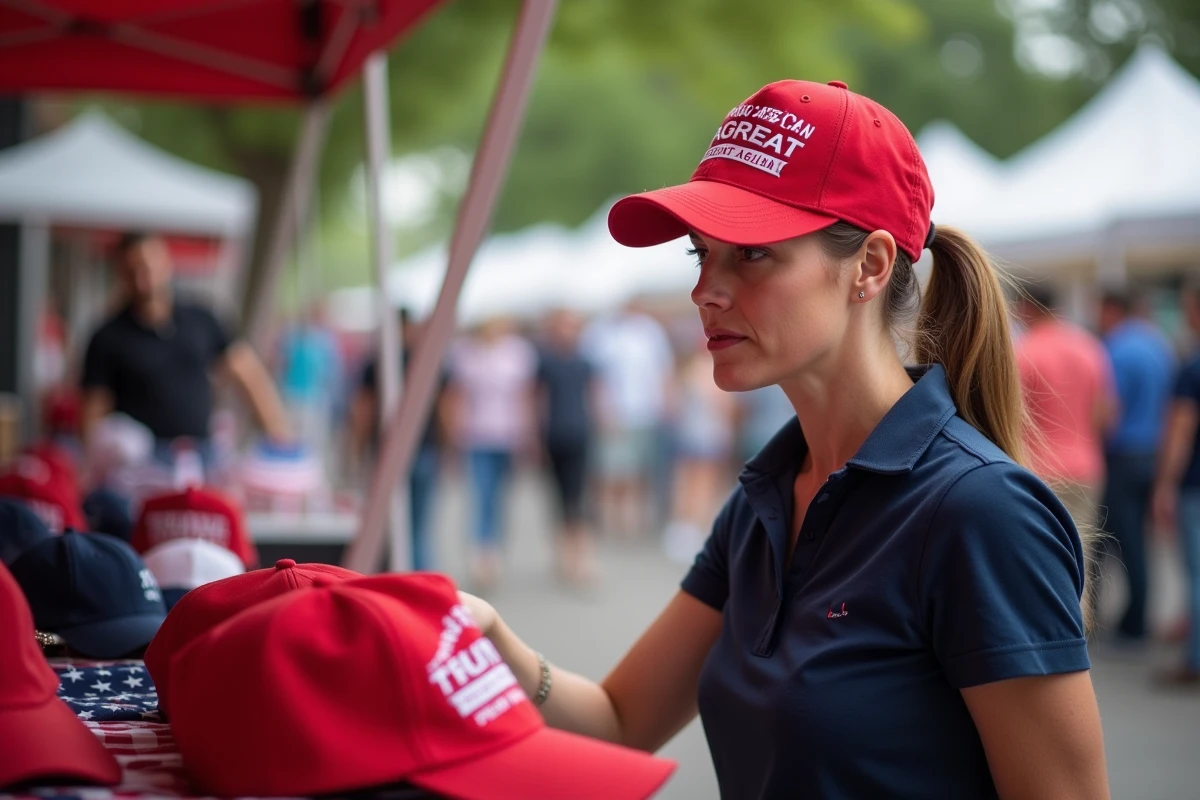 Femme examinant une casquette Make America Great Again sur un stand de merchandising politique en plein air