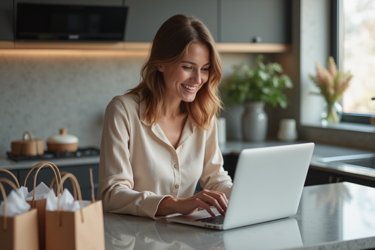 Jeune femme souriante faisant du shopping en cuisine