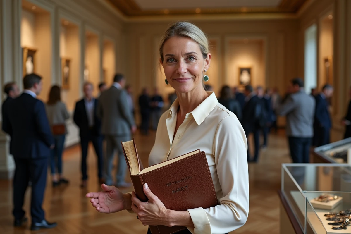 Femme élégante tenant un catalogue de vente aux enchères de montres de luxe dans une salle des ventes horlogères prestigieuse