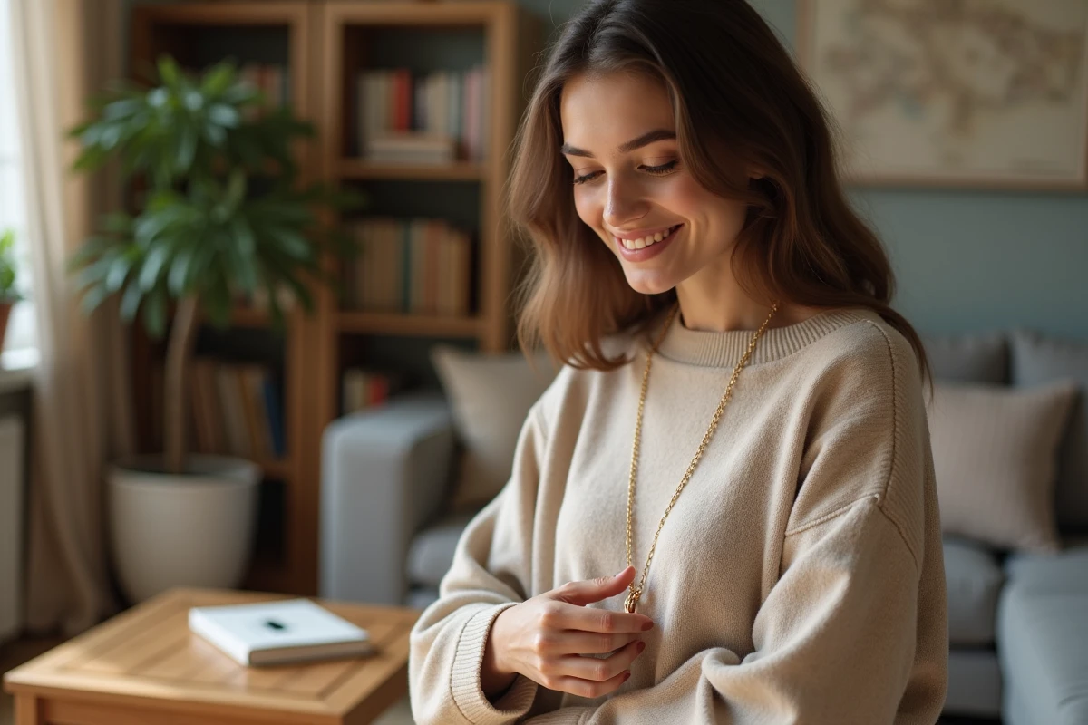 Femme portant une chaîne en or dans son salon lumineux