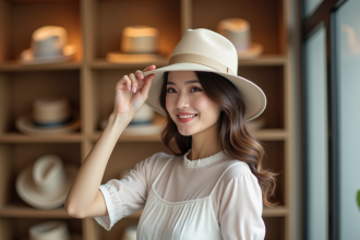 Femme portant un chapeau antisweat dans une boutique moderne