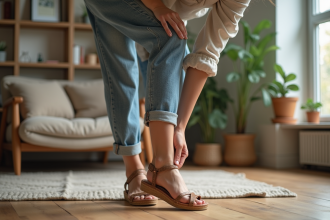 Femme en jeans et chemise en lin essayant des sandales en liège dans un salon moderne