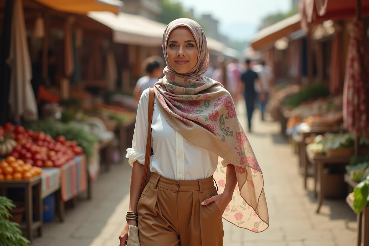 Femme portant un chèche imprimé en foulard tête et épaules au marché en plein air avec pantalon camel