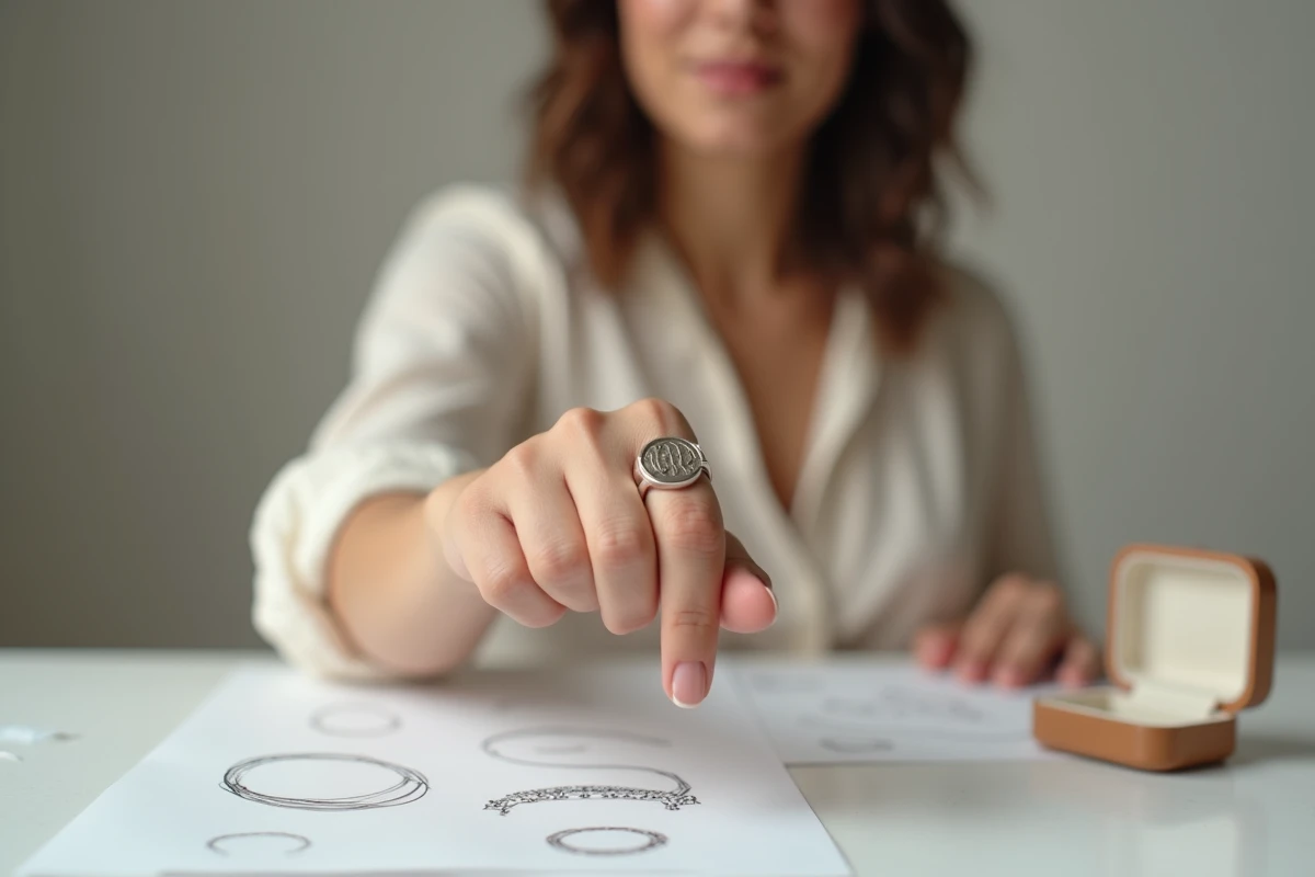Femme portant une chevalière personnalisée en argent gravée d'un monogramme