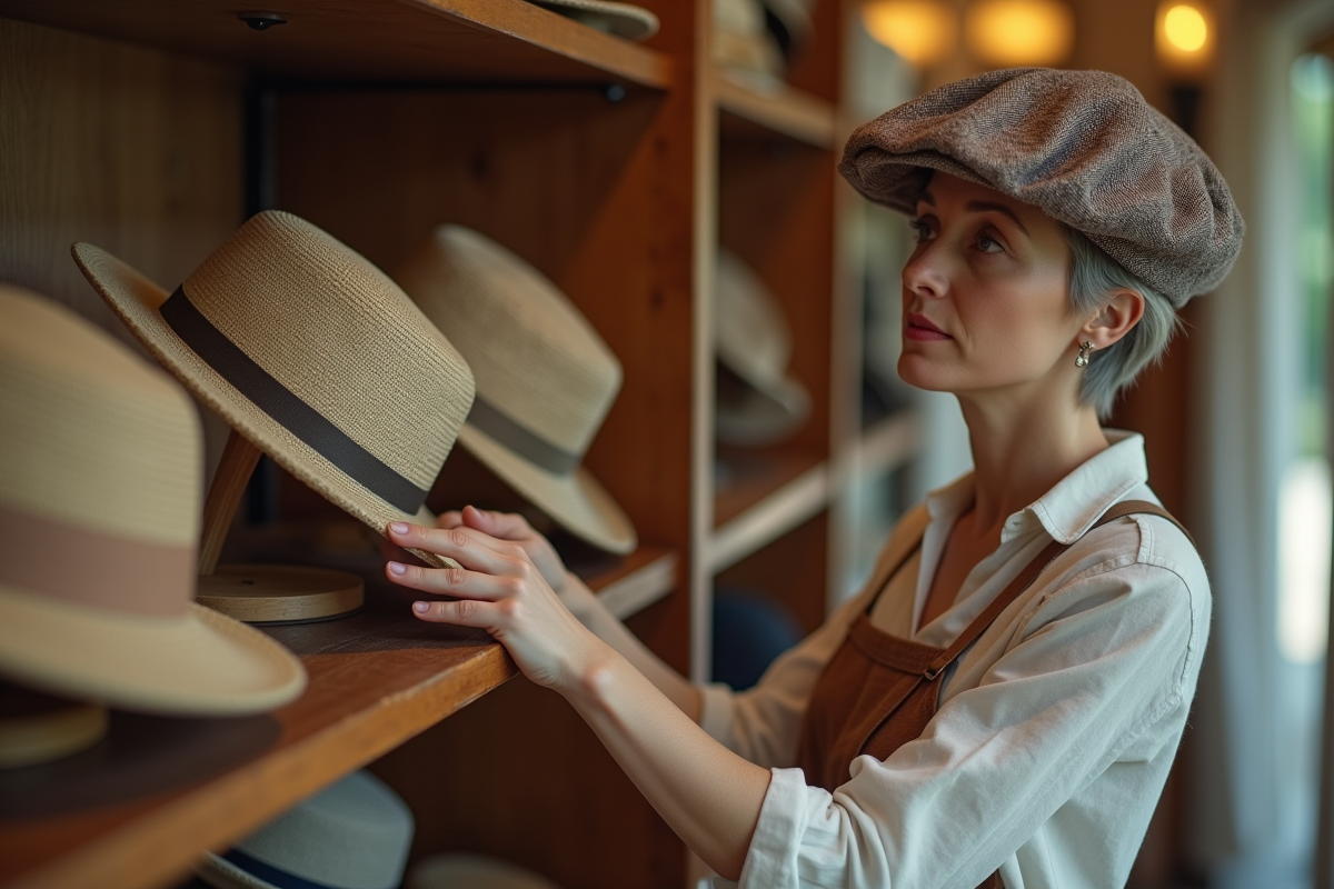 Femme choisissant un chapeau dans une boutique chaleureuse