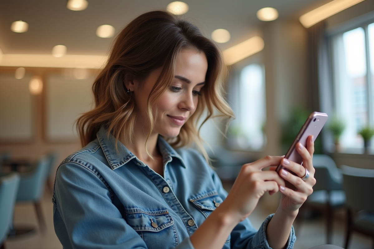 Femme en salon de coiffure examinant son téléphone