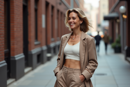 Femme confiante dans la ville en crop top et blazer