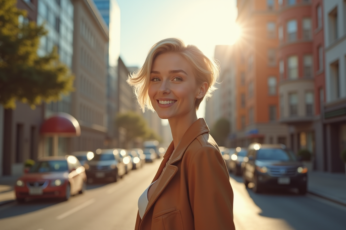 Femme confiante avec coupe courte dans une rue urbaine ensoleillée