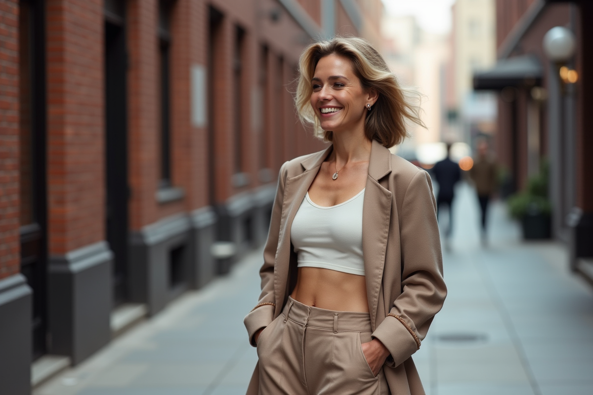 Femme confiante dans la ville en crop top et blazer