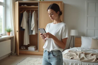 Jeune femme consultant un convertisseur de taille vêtement sur smartphone avant d'essayer un haut